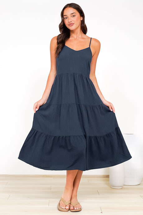 Arlowe Midi Dress - Soft V Neckline Tiered Linen Sun Dress in Navy
