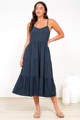 Arlowe Midi Dress - Soft V Neckline Tiered Linen Sun Dress in Navy