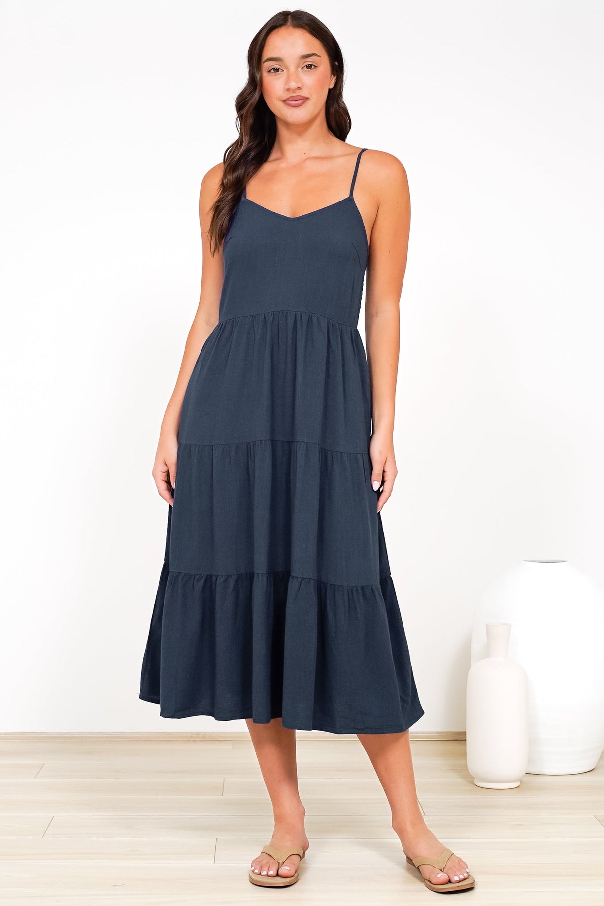 Arlowe Midi Dress - Soft V Neckline Tiered Linen Sun Dress in Navy