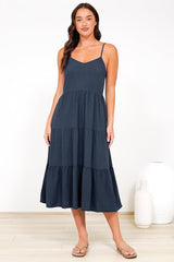Arlowe Midi Dress - Soft V Neckline Tiered Linen Sun Dress in Navy
