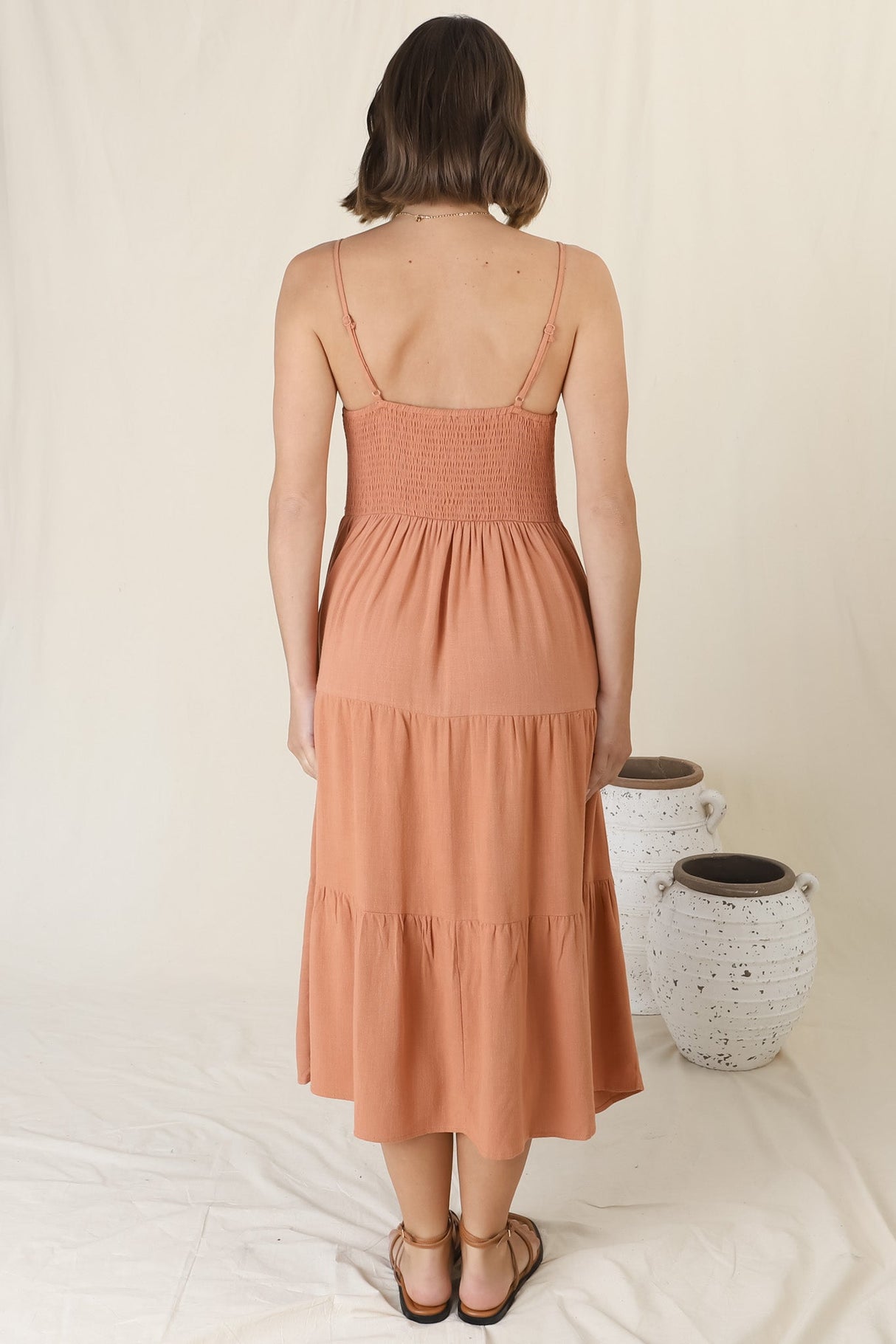 Arlowe Midi Dress - Soft V Neckline Tiered Linen Sun Dress in Rust