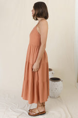 Arlowe Midi Dress - Soft V Neckline Tiered Linen Sun Dress in Rust