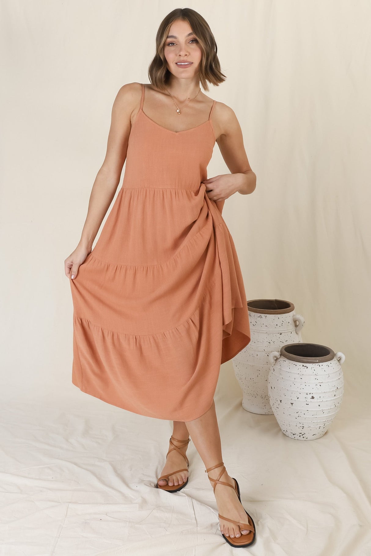 Arlowe Midi Dress - Soft V Neckline Tiered Linen Sun Dress in Rust