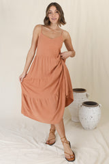 Arlowe Midi Dress - Soft V Neckline Tiered Linen Sun Dress in Rust