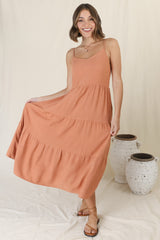 Arlowe Midi Dress - Soft V Neckline Tiered Linen Sun Dress in Rust
