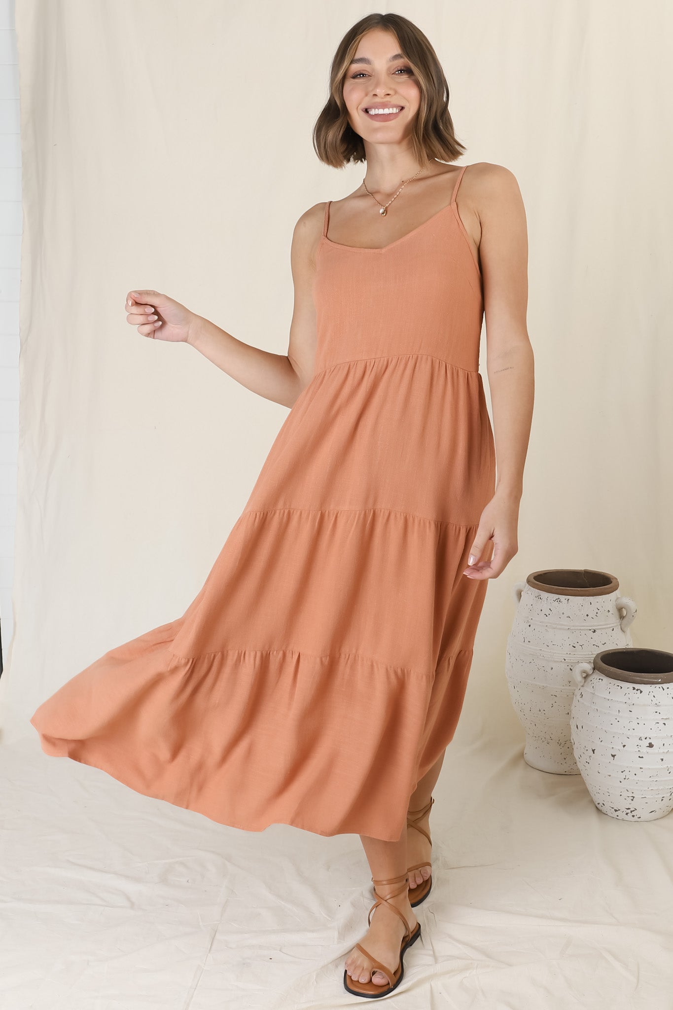 Arlowe Midi Dress - Soft V Neckline Tiered Linen Sun Dress in Rust