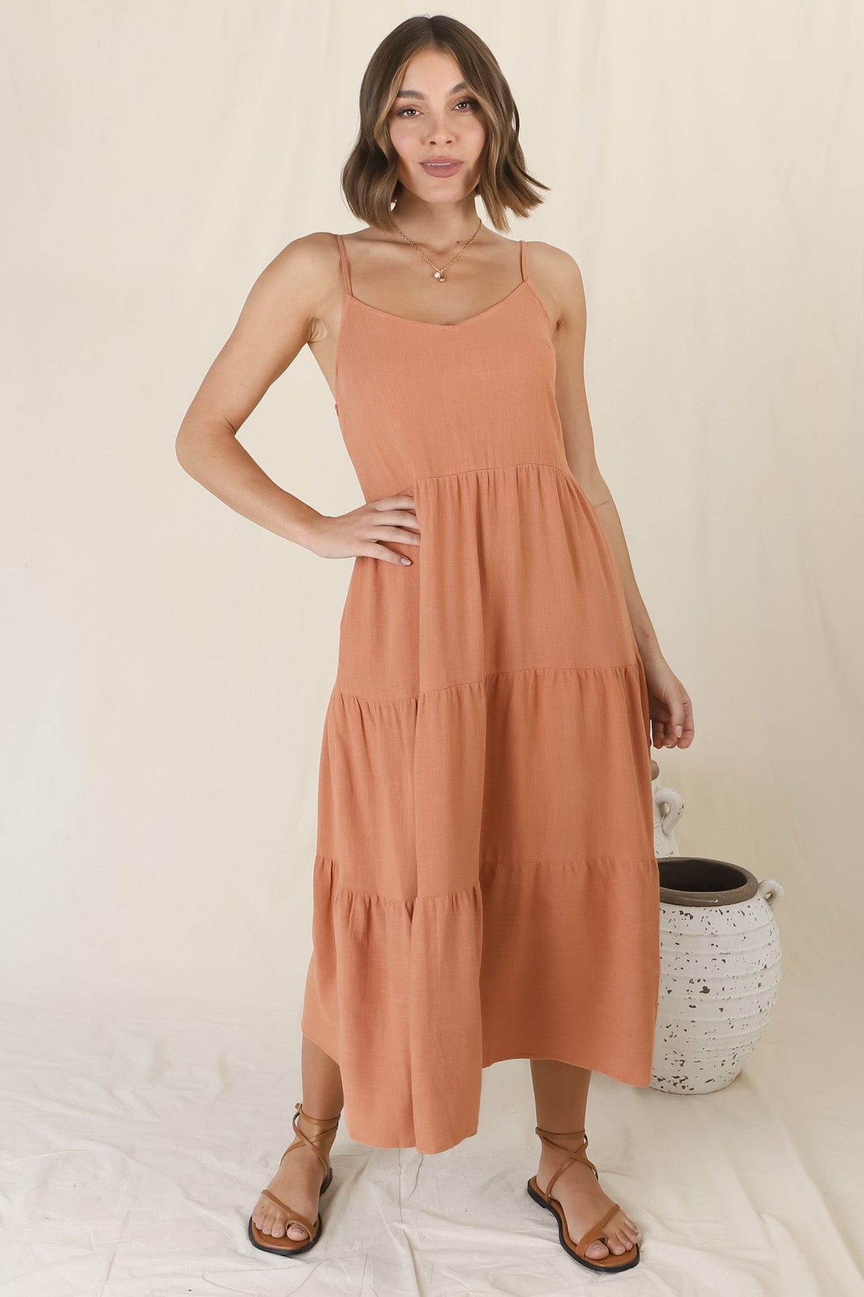 Arlowe Midi Dress - Soft V Neckline Tiered Linen Sun Dress in Rust