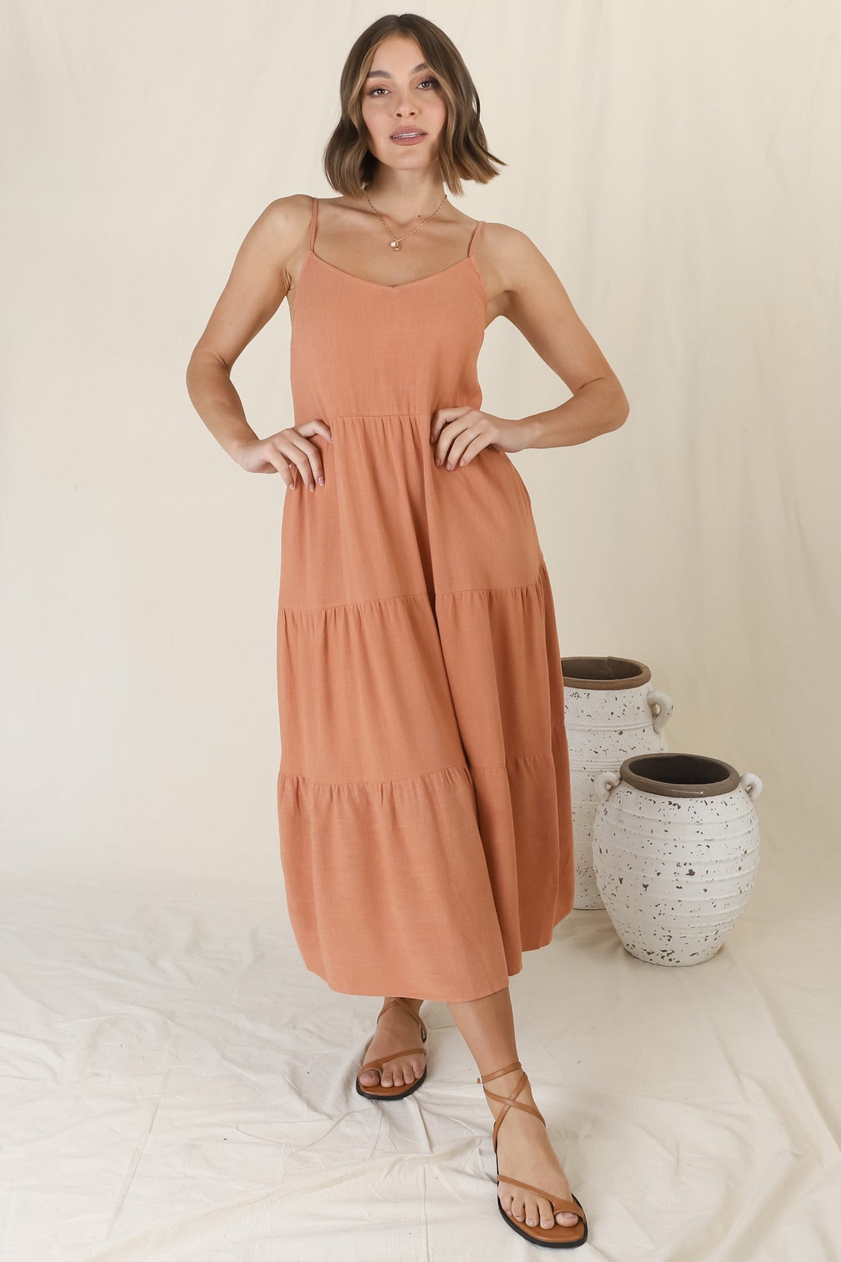 Arlowe Midi Dress - Soft V Neckline Tiered Linen Sun Dress in Rust