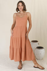 Arlowe Midi Dress - Soft V Neckline Tiered Linen Sun Dress in Rust