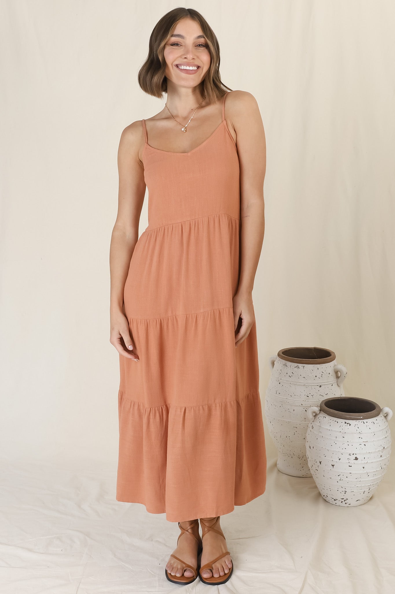 Arlowe Midi Dress - Soft V Neckline Tiered Linen Sun Dress in Rust