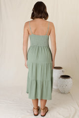 Arlowe Midi Dress - Soft V Neckline Tiered Linen Sun Dress in Sage