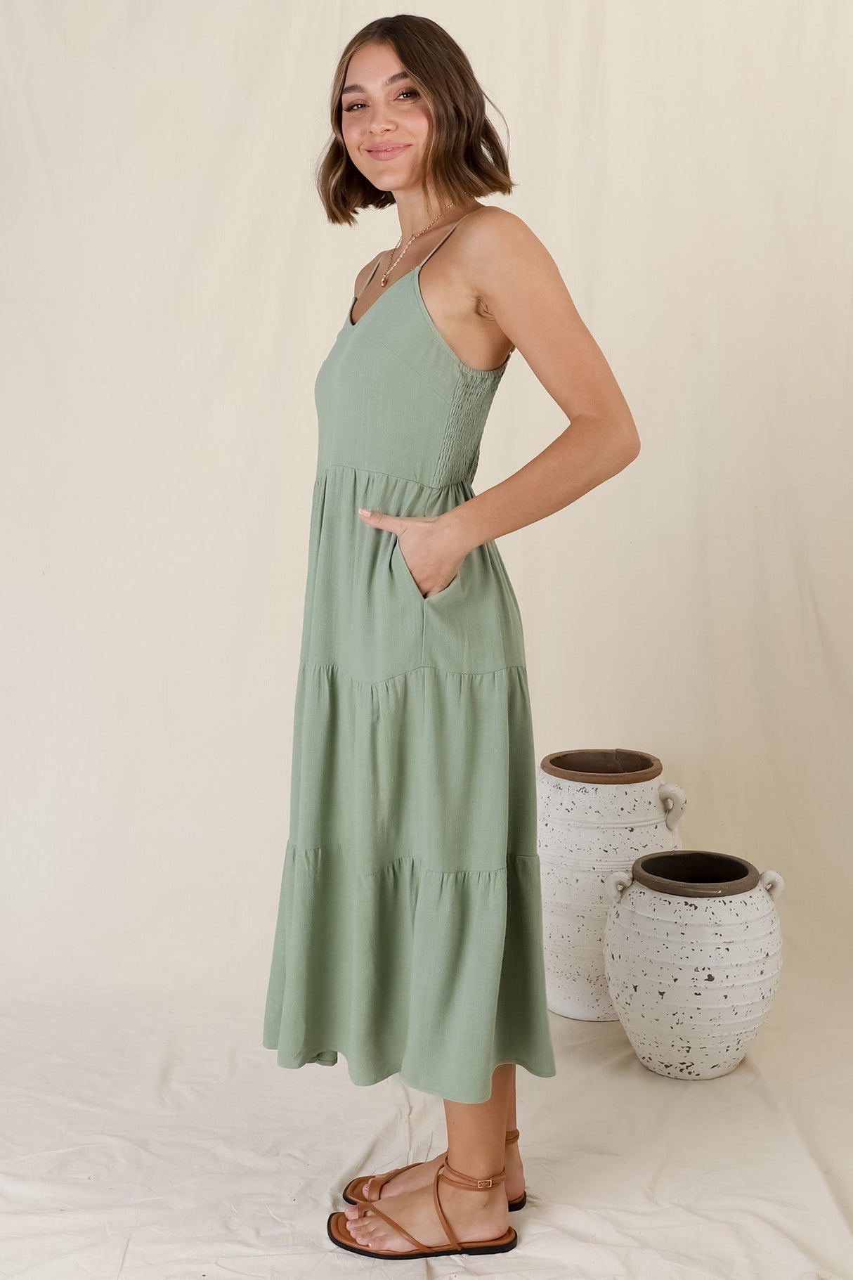 Arlowe Midi Dress - Soft V Neckline Tiered Linen Sun Dress in Sage