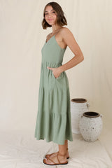 Arlowe Midi Dress - Soft V Neckline Tiered Linen Sun Dress in Sage