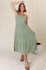 Arlowe Midi Dress - Soft V Neckline Tiered Linen Sun Dress in Sage