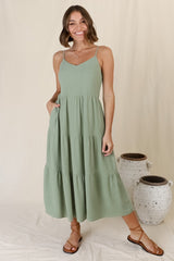 Arlowe Midi Dress - Soft V Neckline Tiered Linen Sun Dress in Sage