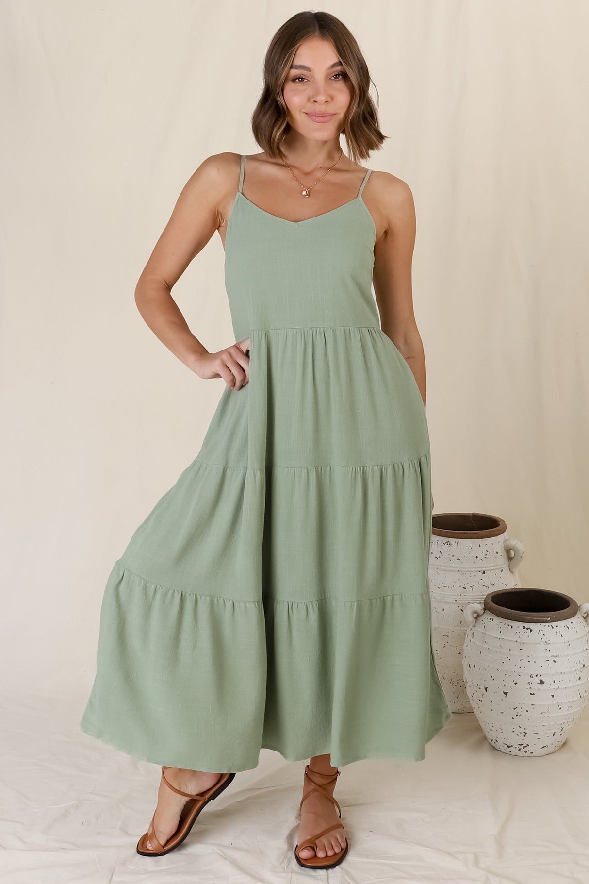 Arlowe Midi Dress - Soft V Neckline Tiered Linen Sun Dress in Sage
