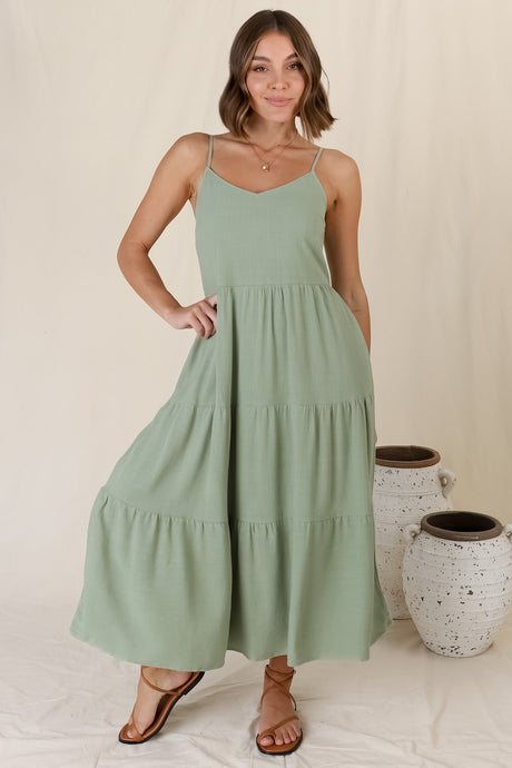 Arlowe Midi Dress - Soft V Neckline Tiered Linen Sun Dress in Sage