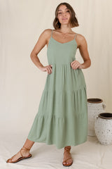 Arlowe Midi Dress - Soft V Neckline Tiered Linen Sun Dress in Sage