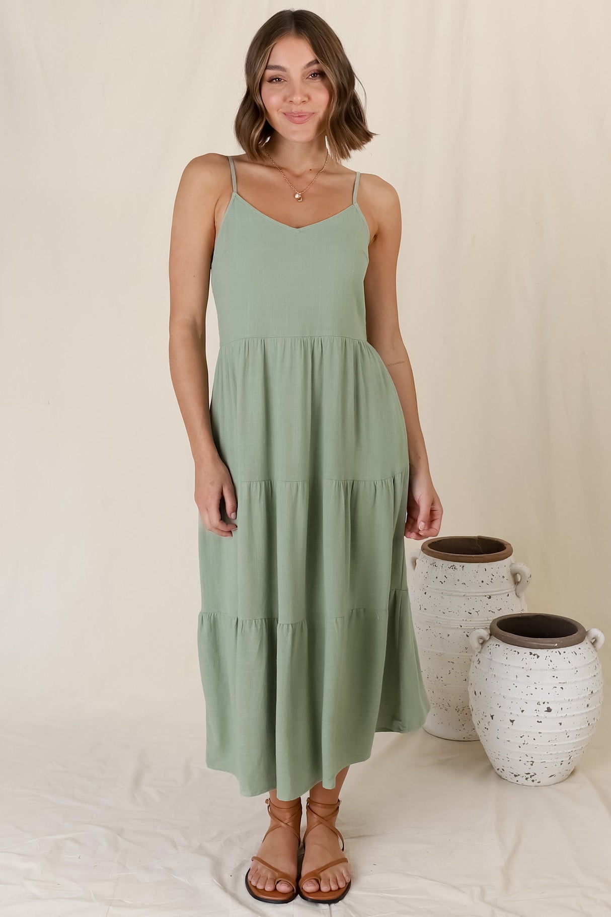 Arlowe Midi Dress - Soft V Neckline Tiered Linen Sun Dress in Sage