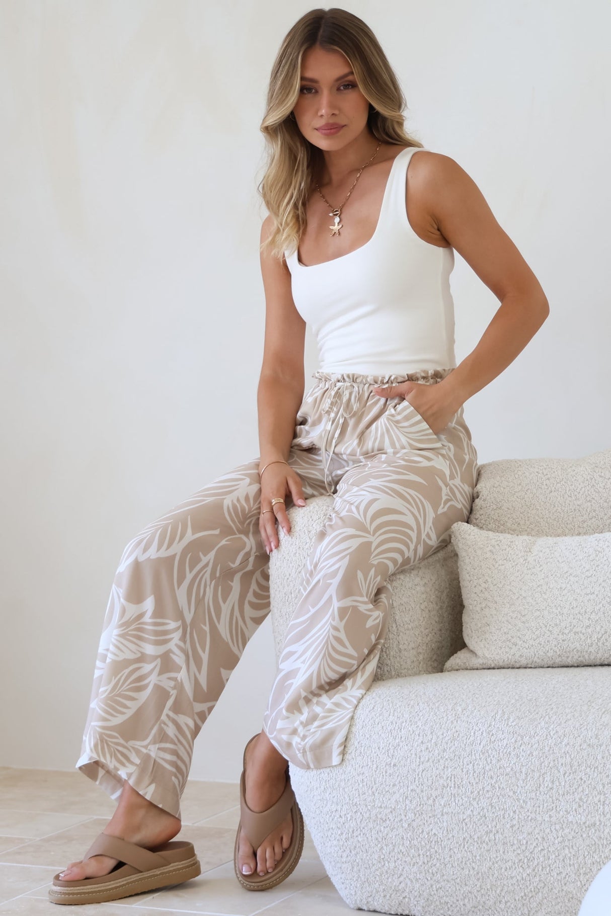 Armon Pants - Paper Bag Waist With Tie Wide Leg Pants In Jeani Print Beige