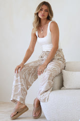 Armon Pants - Paper Bag Waist With Tie Wide Leg Pants In Jeani Print Beige