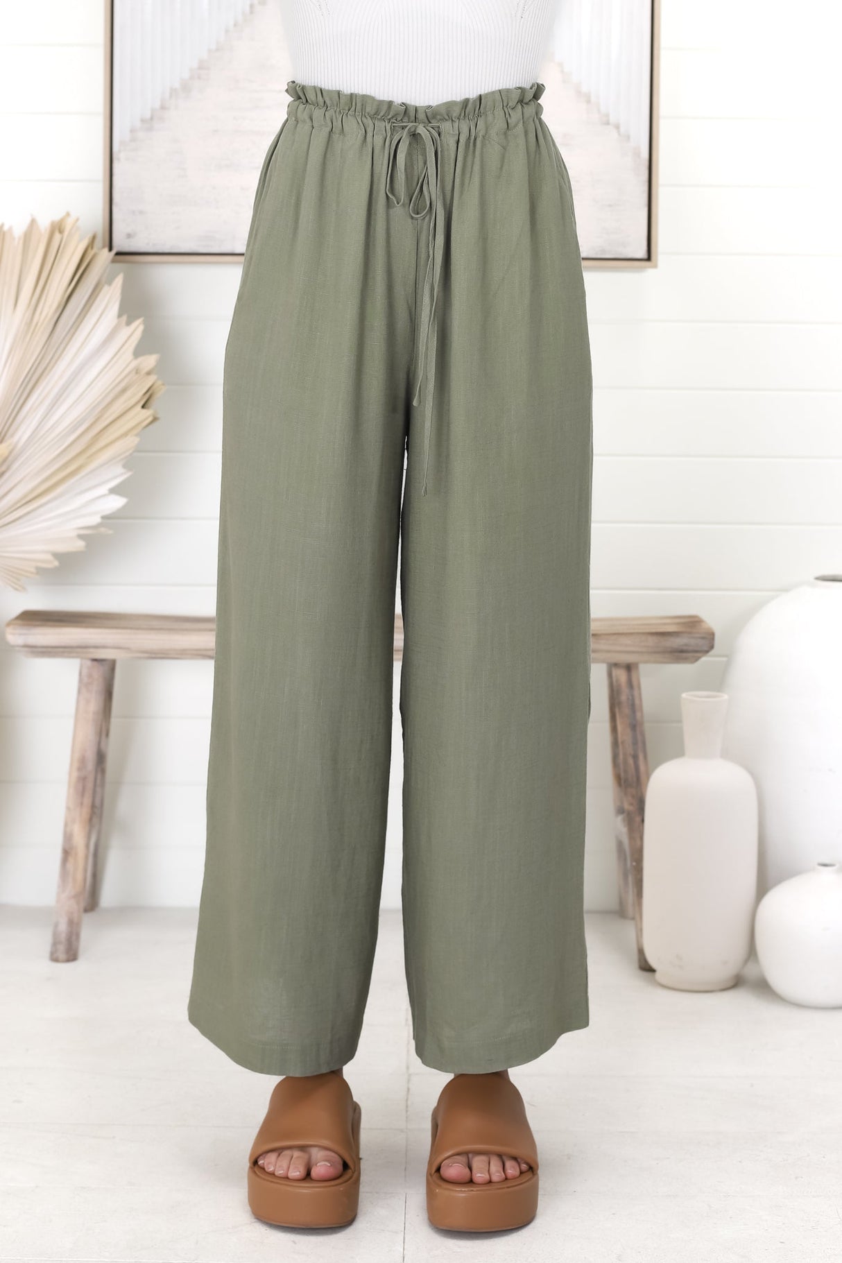 Armon Pants - Paper Bag Waist with Tie Wide Leg Pants in Khaki