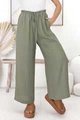 Armon Pants - Paper Bag Waist with Tie Wide Leg Pants in Khaki