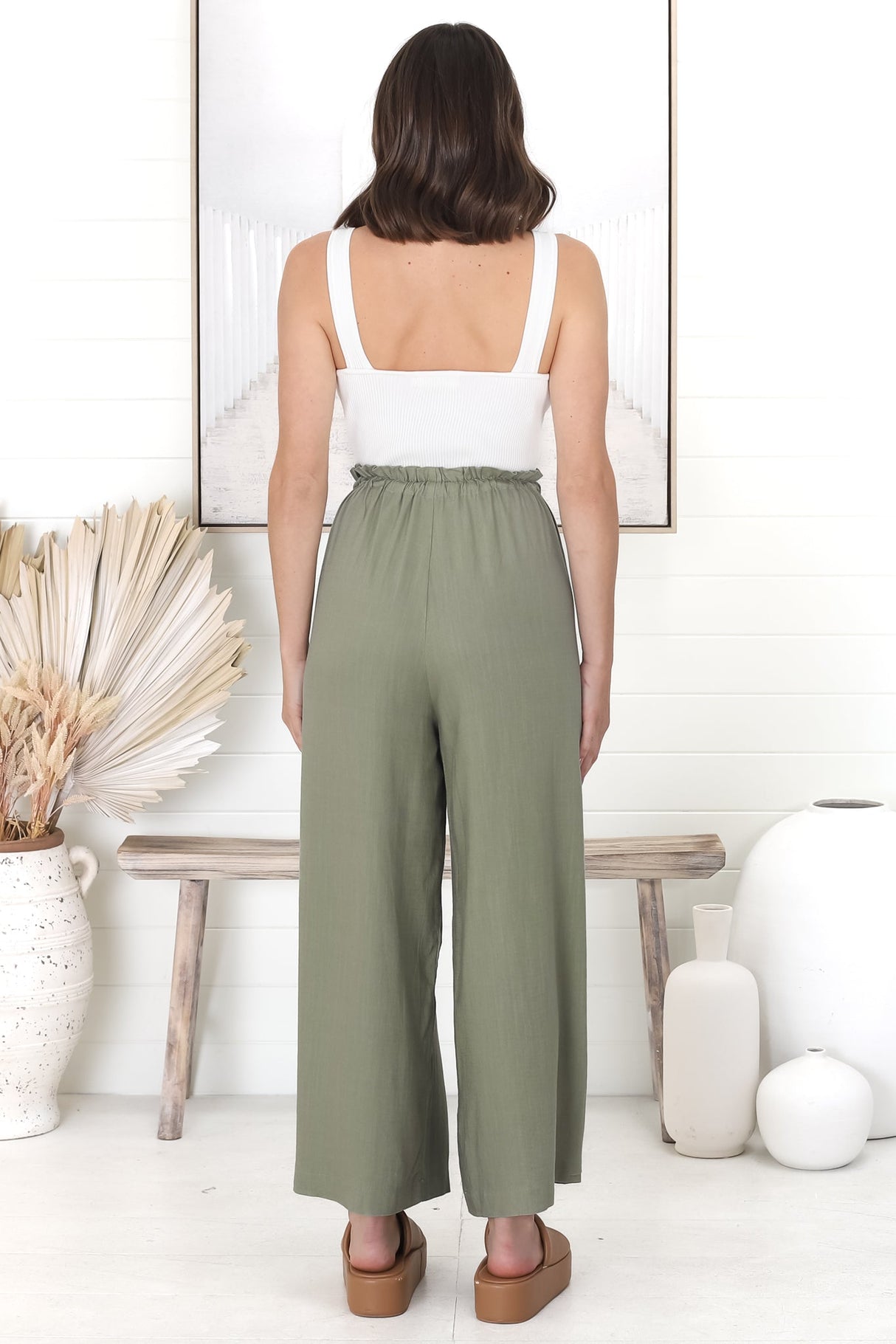 Armon Pants - Paper Bag Waist with Tie Wide Leg Pants in Khaki