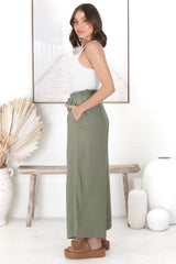 Armon Pants - Paper Bag Waist with Tie Wide Leg Pants in Khaki