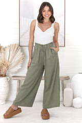 Armon Pants - Paper Bag Waist with Tie Wide Leg Pants in Khaki