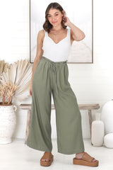 Armon Pants - Paper Bag Waist with Tie Wide Leg Pants in Khaki