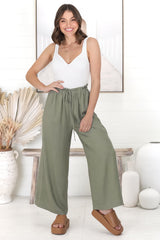 Armon Pants - Paper Bag Waist with Tie Wide Leg Pants in Khaki