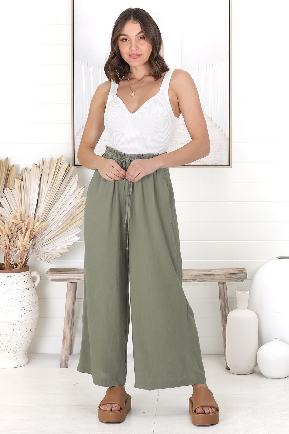 Armon Pants - Paper Bag Waist with Tie Wide Leg Pants in Khaki