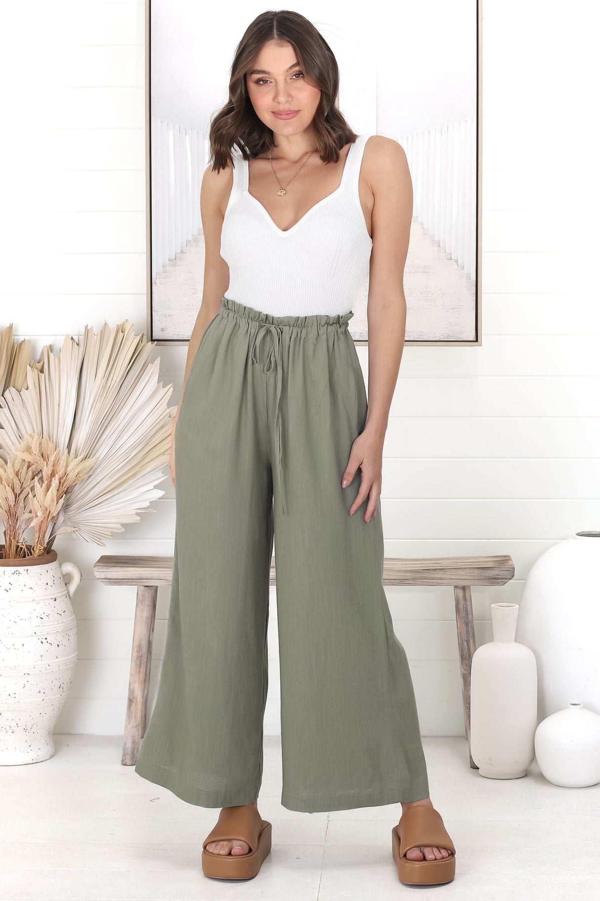 Armon Pants - Paper Bag Waist with Tie Wide Leg Pants in Khaki