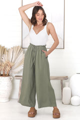 Armon Pants - Paper Bag Waist with Tie Wide Leg Pants in Khaki