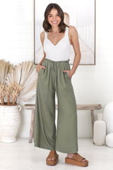 Armon Pants - Paper Bag Waist with Tie Wide Leg Pants in Khaki