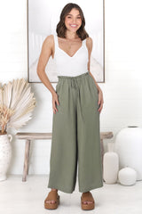 Armon Pants - Paper Bag Waist with Tie Wide Leg Pants in Khaki