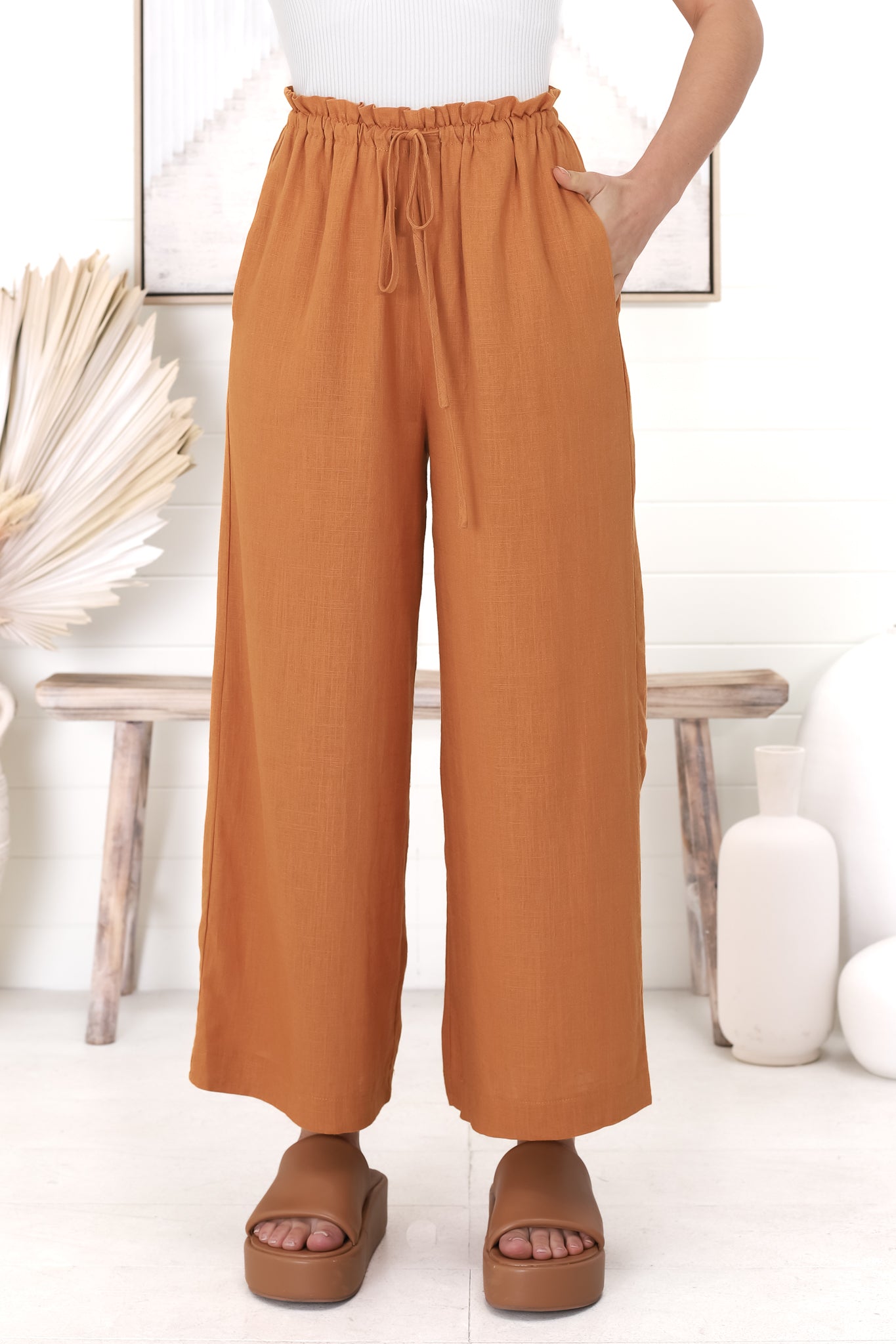 Armon Pants - Paper Bag Waist with Tie Wide Leg Pants in Rust