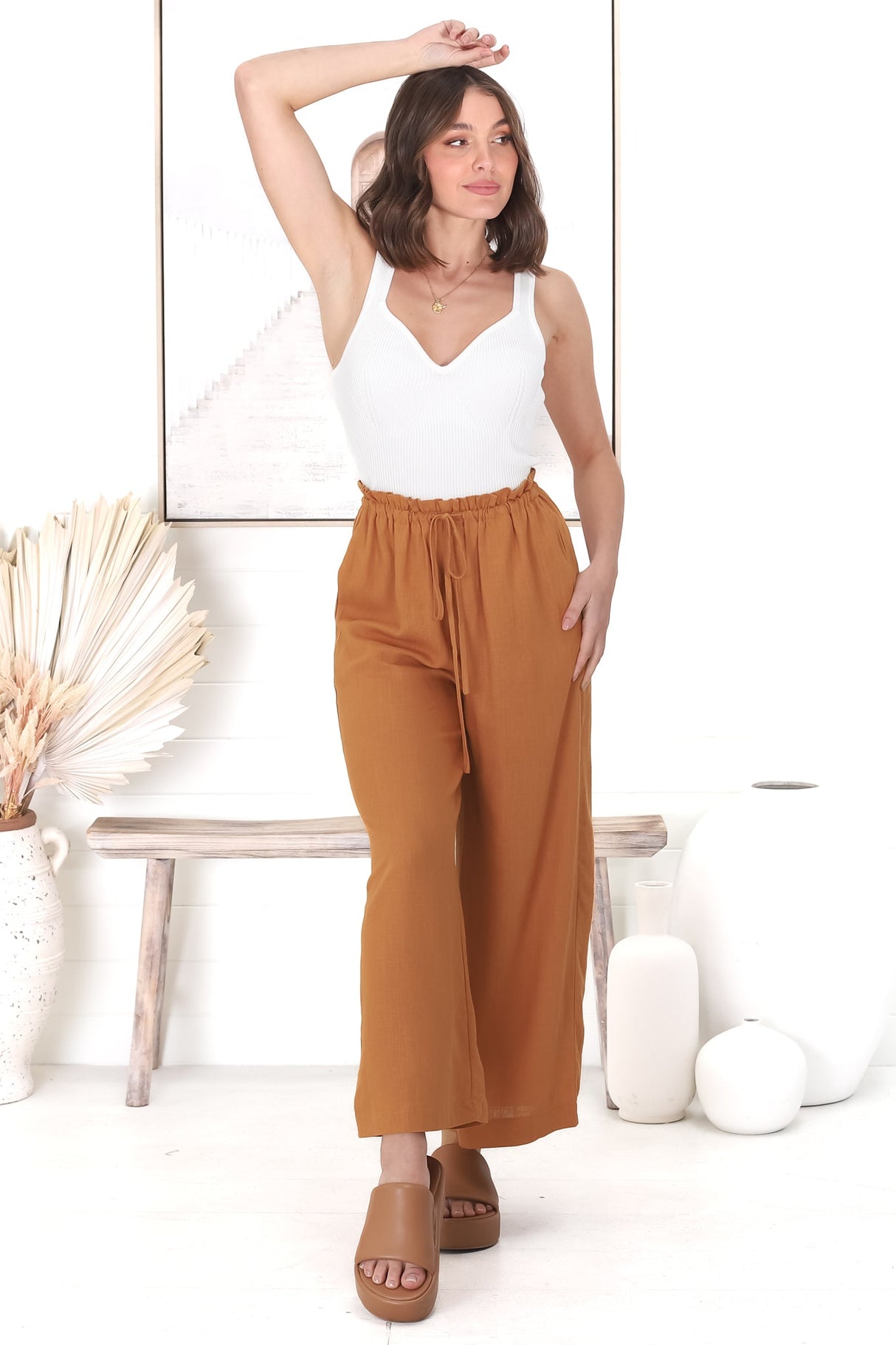 Armon Pants - Paper Bag Waist with Tie Wide Leg Pants in Rust