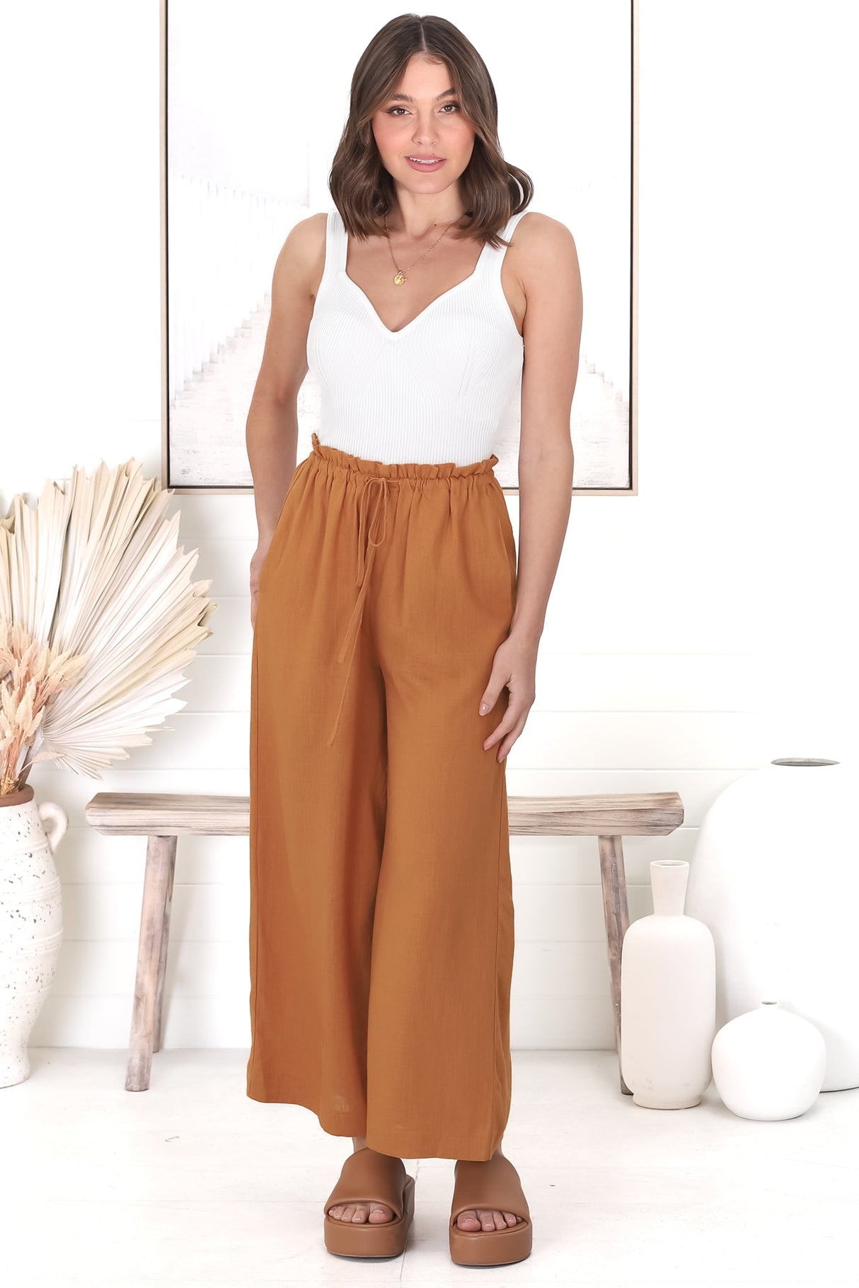 Armon Pants - Paper Bag Waist with Tie Wide Leg Pants in Rust