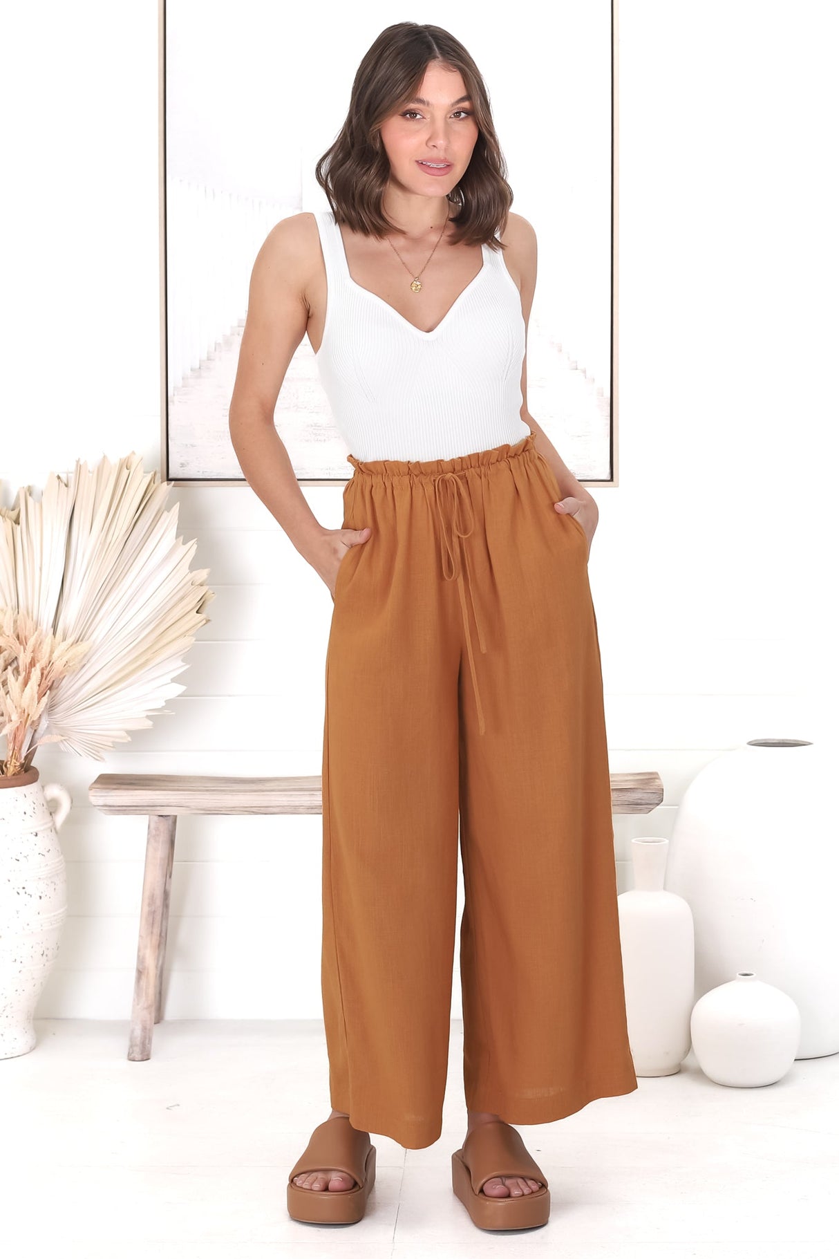 Armon Pants - Paper Bag Waist with Tie Wide Leg Pants in Rust