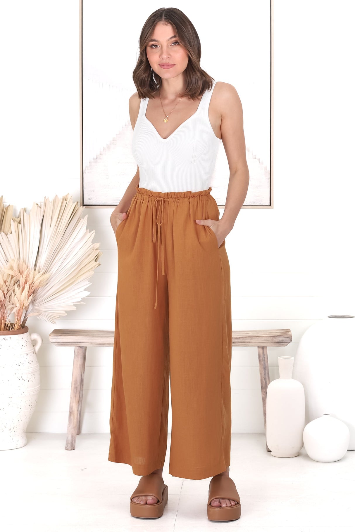 Armon Pants - Paper Bag Waist with Tie Wide Leg Pants in Rust