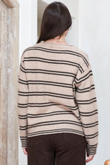 Armondo Jumper - Crew Neck Striped Drop Shoulder Knit in Taupe