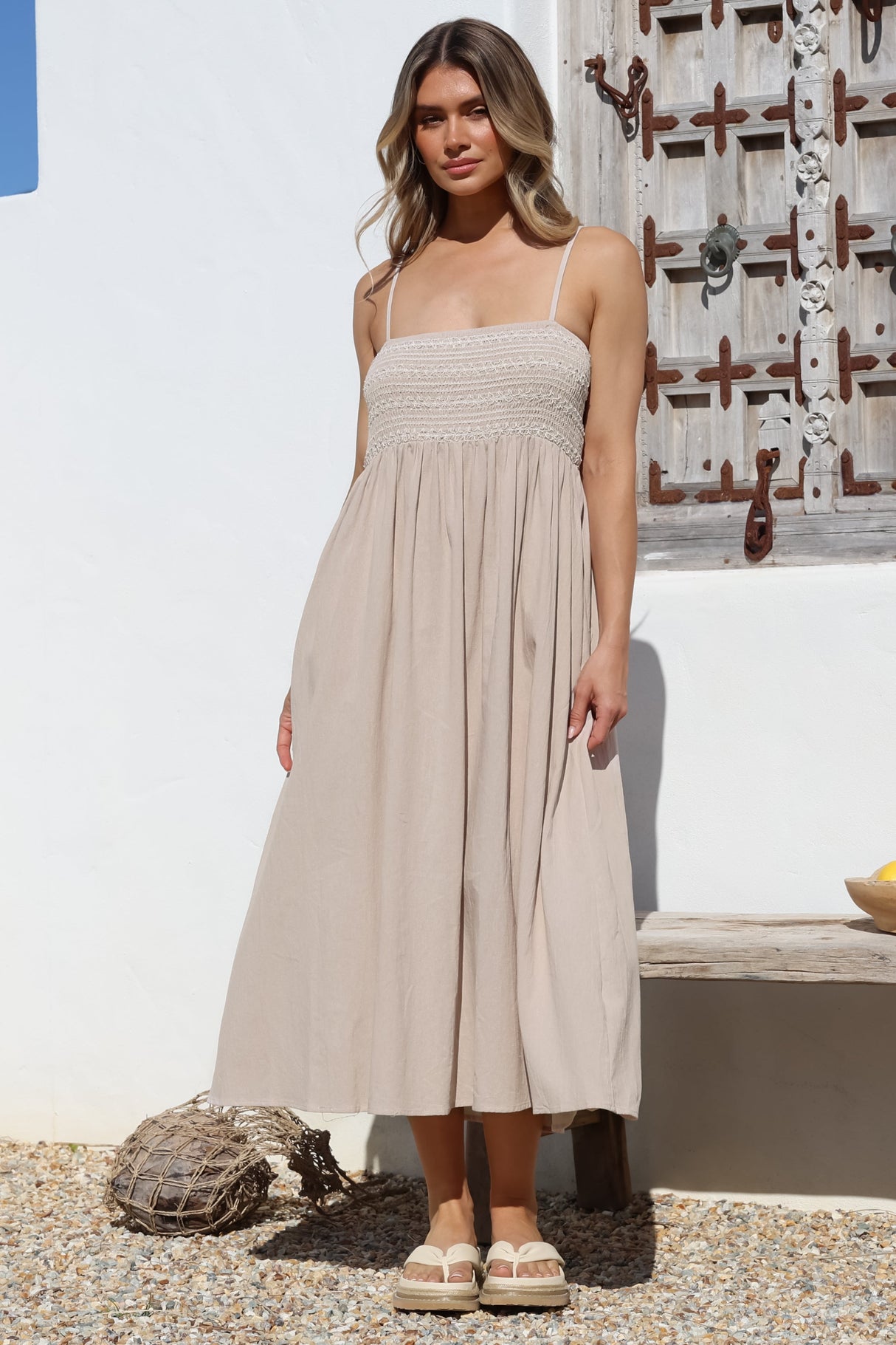 Asha Midi Dress - Constrast Stitch Shirred Elasticated Bodice Sun Dress in Beige