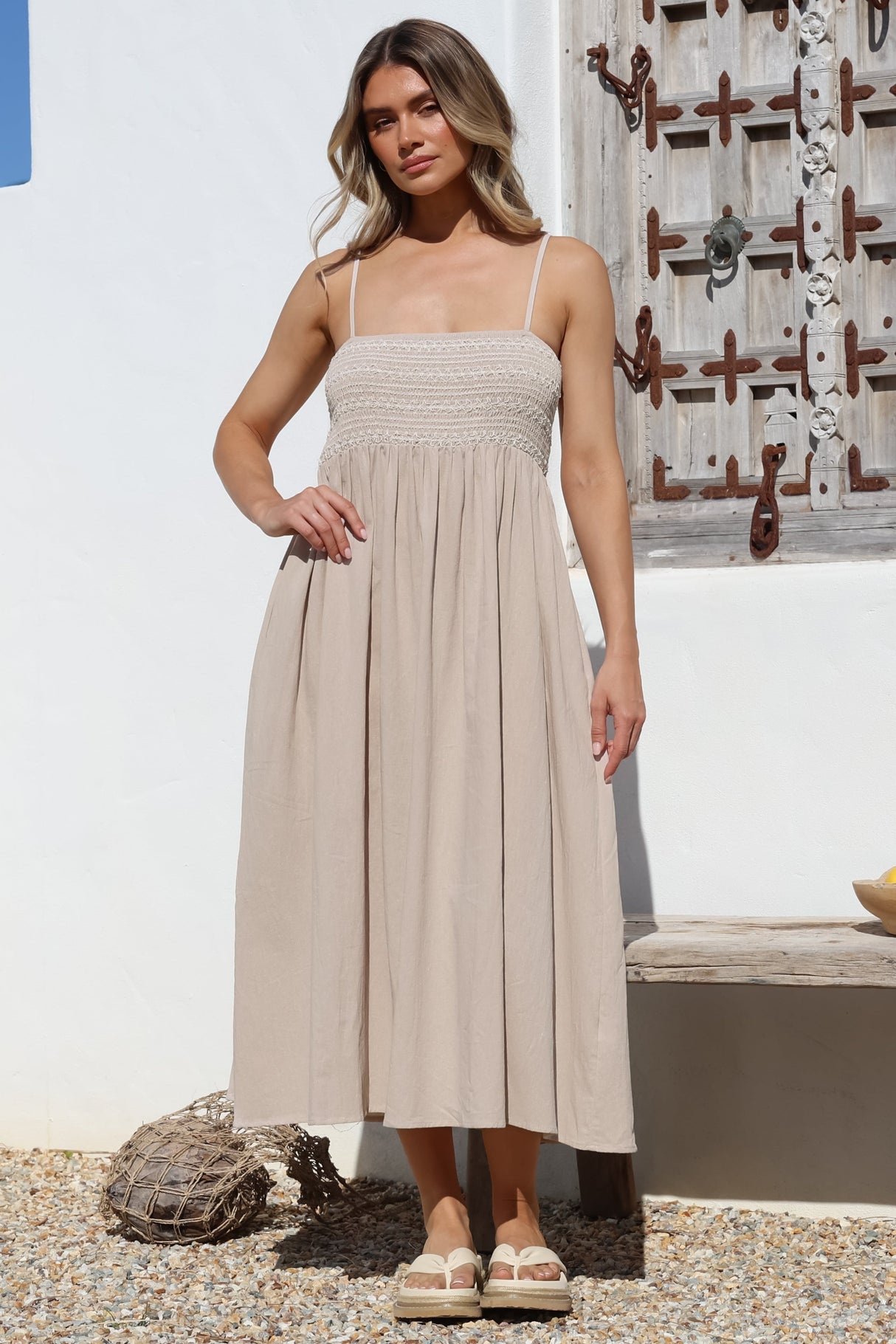 Asha Midi Dress - Constrast Stitch Shirred Elasticated Bodice Sun Dress in Beige