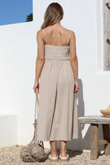 Asha Midi Dress - Constrast Stitch Shirred Elasticated Bodice Sun Dress in Beige
