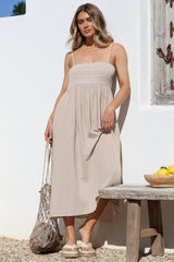 Asha Midi Dress - Constrast Stitch Shirred Elasticated Bodice Sun Dress in Beige