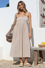 Asha Midi Dress - Constrast Stitch Shirred Elasticated Bodice Sun Dress in Beige