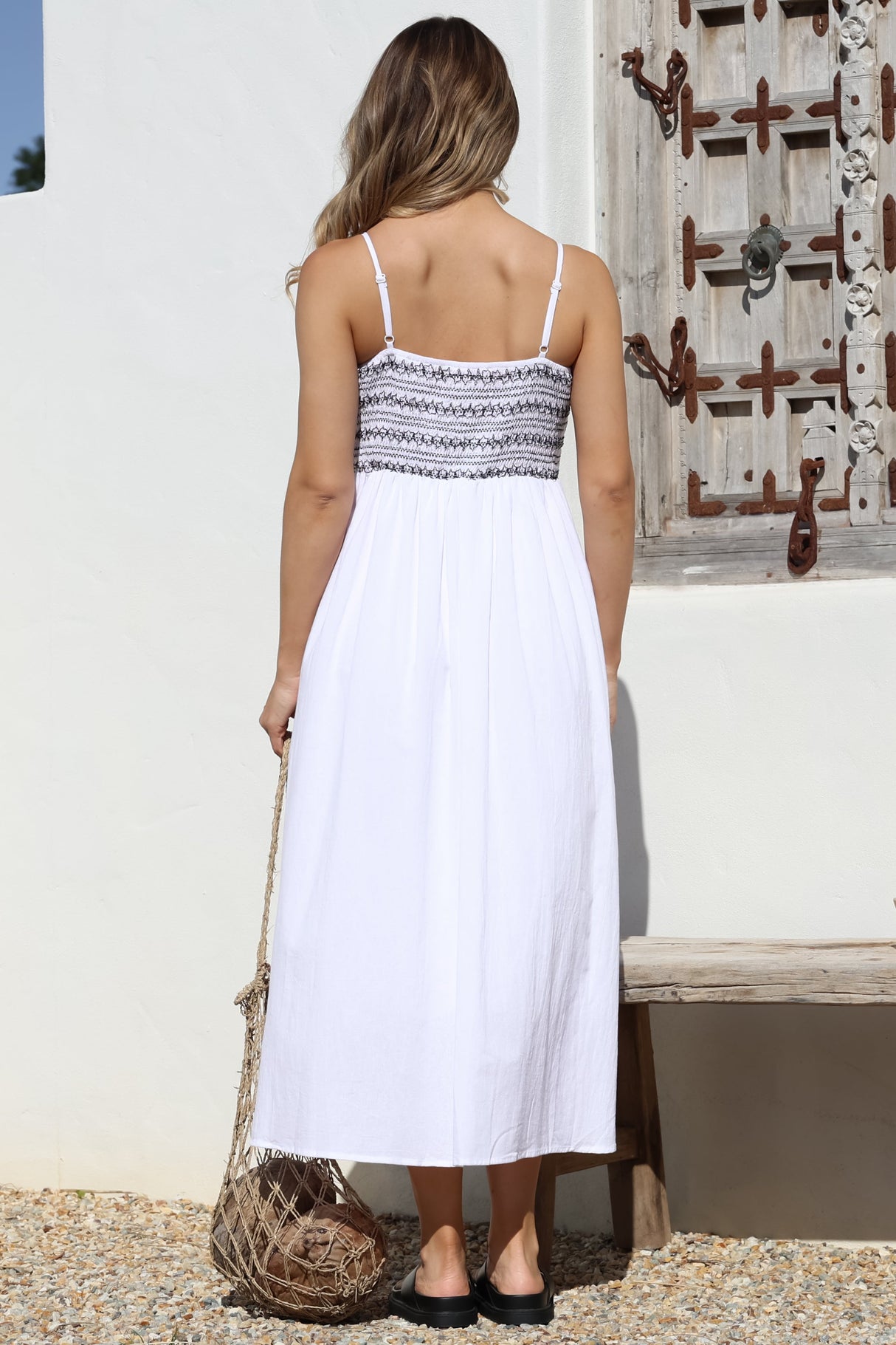 Asha Midi Dress - Constrast Stitch Shirred Elasticated Bodice Sun Dress in White