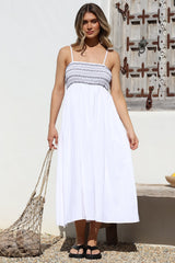 Asha Midi Dress - Constrast Stitch Shirred Elasticated Bodice Sun Dress in White